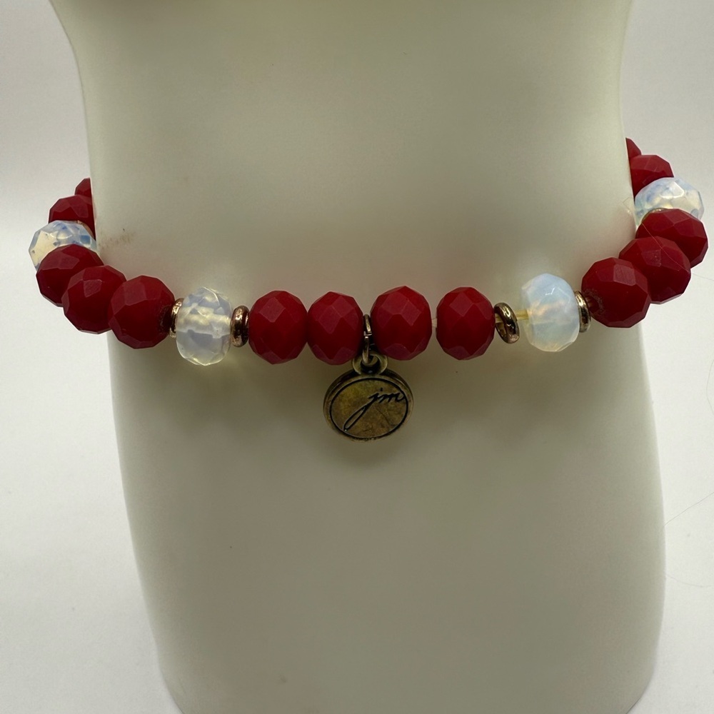 John Medeiros Red & White Stretch Bracelet Ethnic Brass Cross Design Beautiful